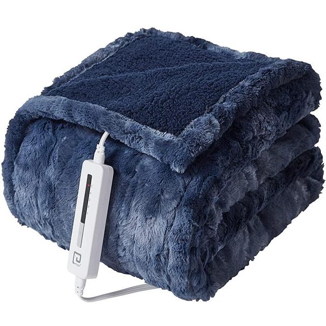 EHEYCIGA Heated Blanket Electric Blanket Twin - Heating Blanket Faux Fur with 5 Heating Levels & 10 Hours Auto Off, Soft Cozy Sherpa Washable Blanket with Fast Heating, 62 x 84 Inches, Navy Blue