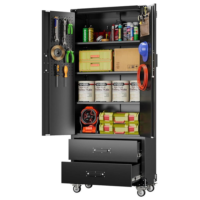 Aobabo 2 Large Drawer Metal Storage Cabinet with Wheels, Lockable Steel Storage Cabinet with 3 Adjustable Shelves and 6 Hooks for Home, Office, Garage, Classroom, Black, Assembly Required