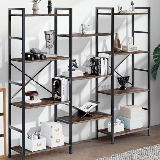 GRUSIGN Triple 4 Tier Book shelf, Modern Bookcase Shelf, Freestanding Tall Display Shelves for Living Room/Office/Garage, Stable Large Bookshelf with Storage for Books/LEGO/Potted Plants, Rustic Brown