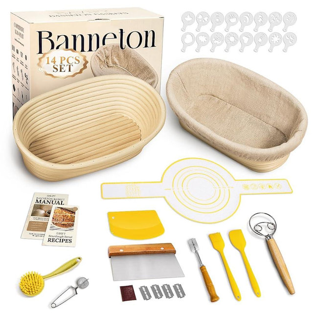 BAVIFY Sourdough Starter Kit, Sourdough Bread Baking Supplies with 2 Pcs 10" Oval Banneton Bread Proofing Baskets, Dough Scraper, Dough Whisk, Bread Lame, Silicone Sling, Spatula, Recipe