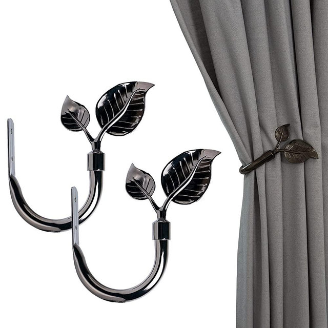 Handmade Metal Curtain Holdbacks 2pcs, Leaf Shaped Curtain Side Holders Pulll Backs, Antique Black Nickel Curtain Tieback Hooks for Drapes Drapery Window Home Decoration