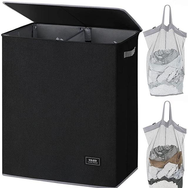 SOLEDI Double Laundry Hamper with Lid and Removable Laundry Bags - 145L Large Dirty Clothes Hamper 2 Section - Collapsible Laundry Baskets for Bedroom, Bathroom, Laundry room, Apartment, Black