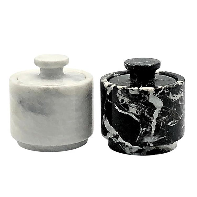 OceanicX Premium Marble Salt Cellar with Lid 2 Pack | 3.5 oz Kitchen Storage Container | Elegant Cooking Salt Box | Spice Jar Keeper for Counter (White Black Zebra)