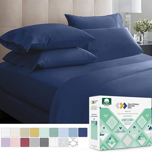 600 Thread Count 4pc King True Blue Sheet Set - 100% Cotton Bedsheets for Bed - Extra Long Staple, Deep Pocket, Shrink Resistant Fabric, Soft & Silky Sateen Weave, Fits Mattress 16'' Deep Pocket