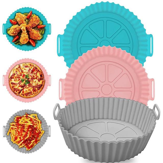 3 Pack Air Fryer Silicone Liners Pot, 8 Inch Silicone Air Fryer Liners Round Reusable Air Fryer Basket for 3.5-7QT, Replacement of Parchment Paper Liners for Baking Oven Microwave (Blue+Pink+Grey)