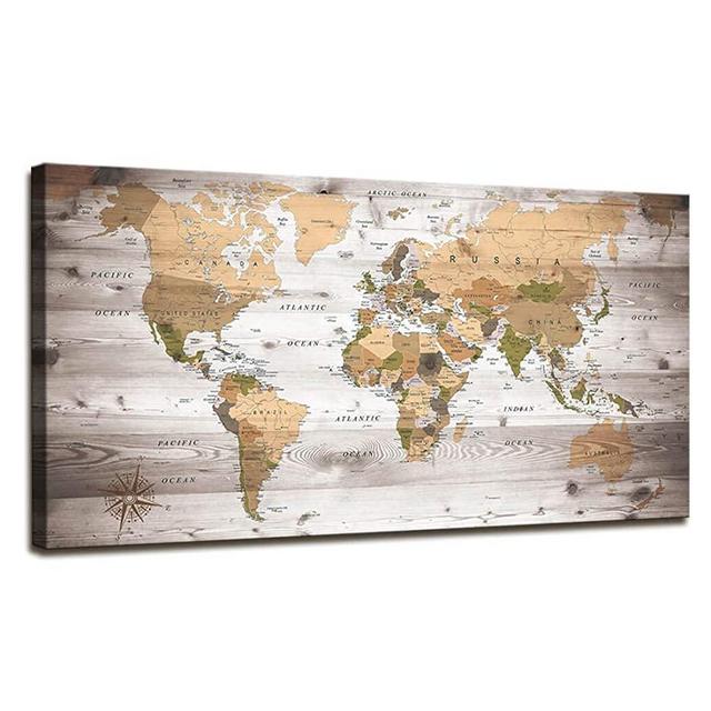 World Map Wall Art for Office Vintage Wood Grain World Map Poster Canvas Prints With Your Photos Nautical Decor Modern Framed Art Map of The World Wall Art for Living Room Travel Memory Home Decor