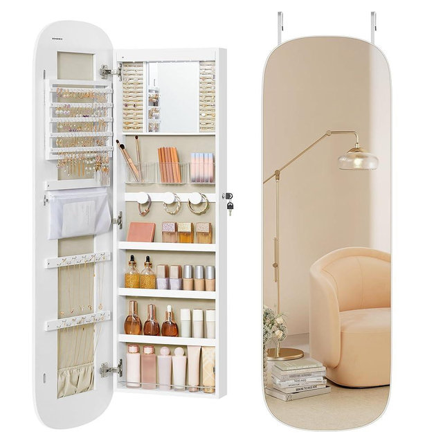 SONGMICS Jewelry Organizer, LED Jewelry Cabinet Wall/Door Mounted, Lockable Rounded Wide Mirror with Storage, Interior Mirror, 3.9 x 16.5 x 55 Inches, White Surface with Greige Lining
