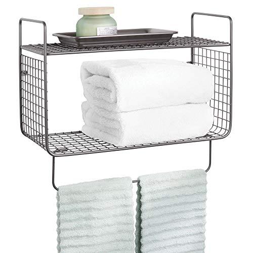 mDesign Metal Wire Farmhouse Wall Decor Storage Organizer 2 Tier Shelf with Towel Bar for Bathroom, Laundry Room, Kitchen, Garage - Wall Mount - Graphite Gray