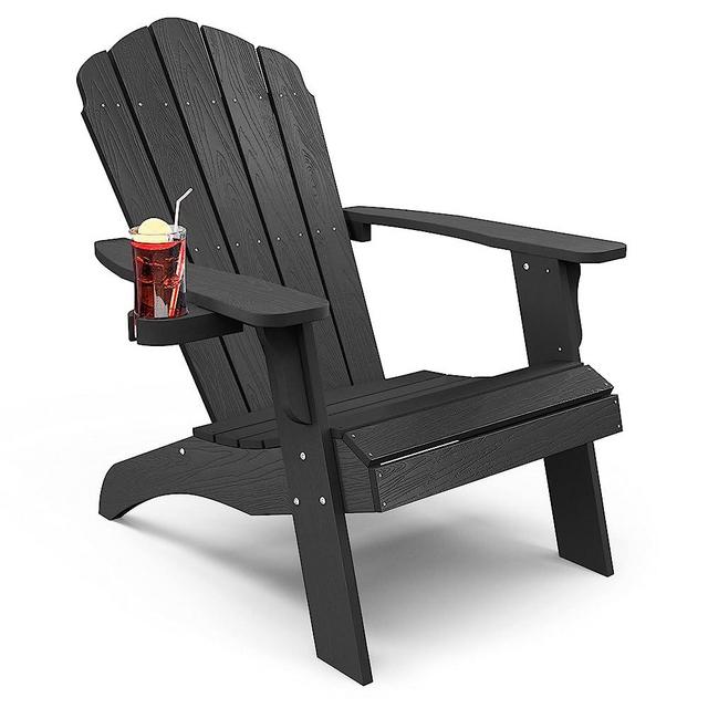 YEFU Oversized Plastic Adirondack Chair with Cup-Holder (Large Dual-Purpose), Weather Resistant, Poly Lumber Outdoor Chairs Duty Rating Widely Used in Patio, Lawn, Outside, Deck, Garden Chairs-Black