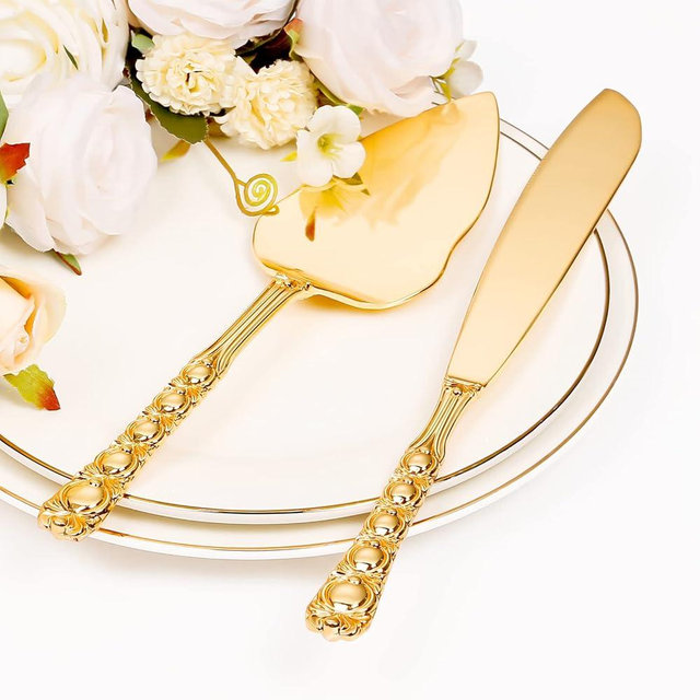 Cake Knife and Server Set for Wedding, Gold Cake Cutting Set, Elegant Cake Knives Cutter Set, Pie Pastry Servers, Birthday Bridal Quinceañera Gift (F-Bow)