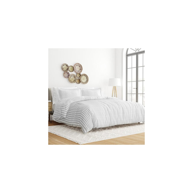 Stripe Pattern Premium Ultra Soft Duvet Cover Set, Easy Care - Becky Cameron , Puffed Rugged Stripes / Light Gray, Full/Queen