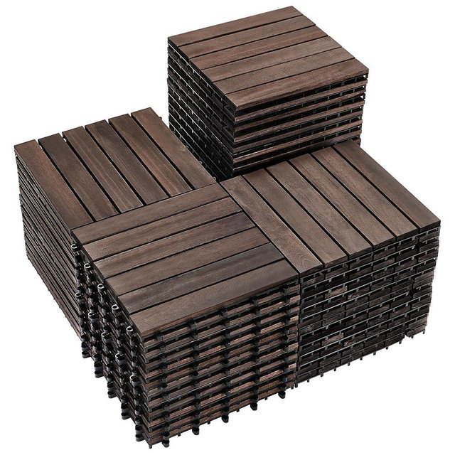 PrimeZone 54 PCS Solid Acacia Wood Interlocking Patio Deck Tiles - 12" x 12" Outdoor Waterproof Flooring Decor for Balcony, Backyard, Garden & Poolside, All Weather Use, Dark Brown