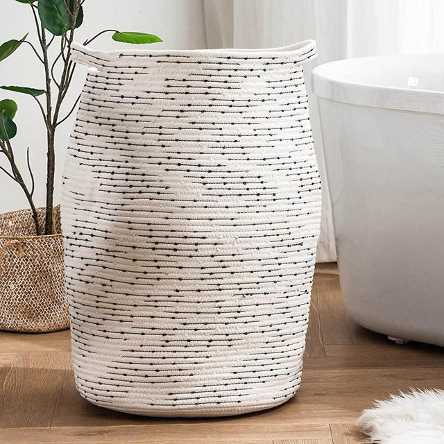 Cotton Rope Laundry Hamper by YOUDENOVA, 105L - Woven Collapsible Laundry Basket - Clothes Storage Basket for Blankets, Laundry Room Organizing, Bedroom Storage, Clothes Hamper - White