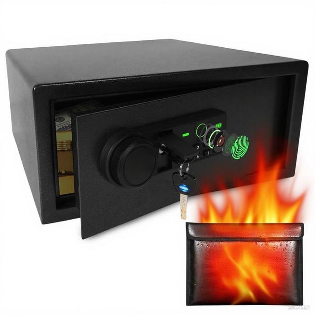 XDeer Biometric Safe Box with Fireproof Bag, Home Fireproof Safe with Fingerprint, Digital Keypad and Keys, Personal Lock Box for Home, Office, Jewelry, Documents, Cash, Valuables, 1.09 Cub Black