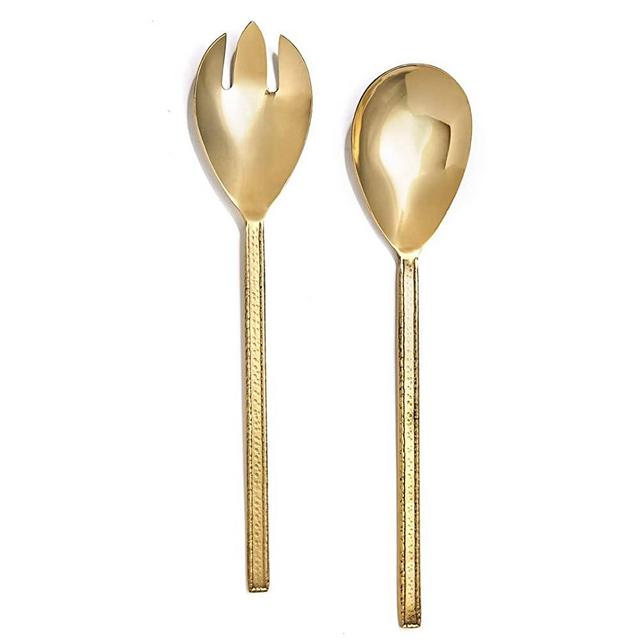 Elle Décor Party Essentials Salad Serving 2-Piece Stainless Steel Set with Decorative Handles Perfect for Salad Lovers, Parties, Entertaining, Gifts and More, Forge Gold, Medium, (326813-2GSS)