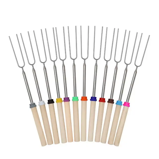 MOVSSOU 12 Pcs Roasting Sticks Extendable 32in Stainless Steel With Wooden Handle