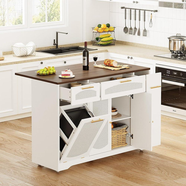 FinerFurnis Rolling Kitchen Island Cart with Drop Leaf, Storage Cabinets, Drawers, Tilt-Out Trash Can, Spice Rack, Narrow Movable Table for Small Spaces, 47" on Wheels - Walnut Tabletop + White