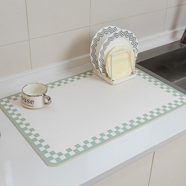 2PCS Non-slip Dish Drying Mats Black Sage Beige Checkered Coffee Bar Mat for Countertops 24''x16'',Sage White