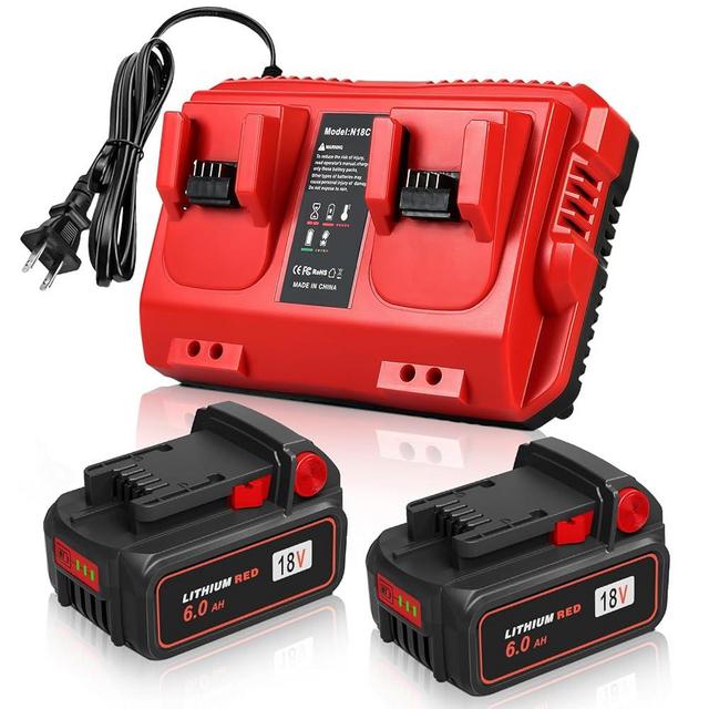 Upgraded 18V 6.0Ah Batteries Replacement for Milwaukee M-18 Battery 2Pack and 1 Charger Combo Set(2-Port)