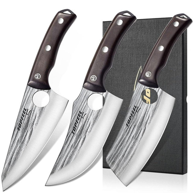 Topfeel 3PCS Butcher Knife Set Hand Forged chef knife Boning Knife, High Carbon Steel Meat Cutting Knives for Kitchen Camping BBQ…