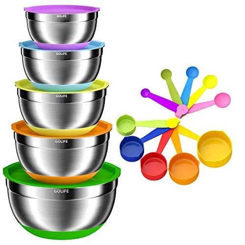 GOLIFE Mixing Bowls Set of 15, Stainless Steel Mixing Bowls with Airtight Lids, Measuring Cups and Spoons Set, Measurement Marks & Non-Slip Bottoms,(6, 3.5, 2.5, 2.0, 1.5 QT) for Mixing & Serving