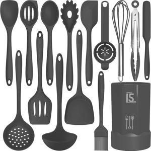 AOTHOD Silicone Cooking Utensils Set - 446°F Heat Resistant Kitchen Utensils,Spatula Sets,Turner Tongs,Spoon,Kitchen Utensil Gadgets Tools Set for Nonstick Cookware,Dishwasher Safe BPA Free (Gray)