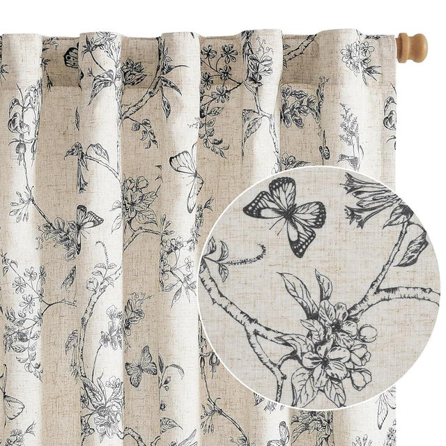 Lazzzy Charlotte Black Floral Curtains 84 Inch Length Farmhouse Lined Linen Back Tab Drapes for Living Room Bedroom Light Filtering Vintage Rod Pocket, 2 Panels, Black on Beige