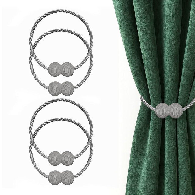 Hion Magnetic Curtain Tiebacks Grey 4 Pack, Curtain Tiebacks Buckles Holdbacks Holders Hooks Clip for Home Bedroom Office Decorative Thick or Thin Curtain