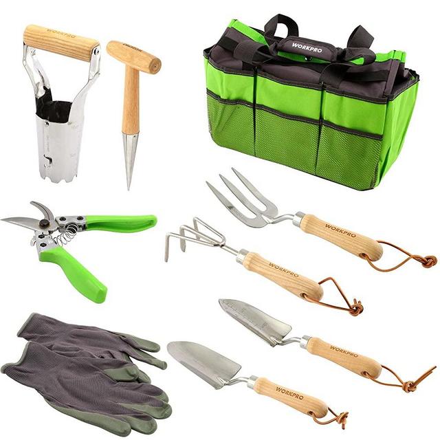 WORKPRO 9 Piece Garden Tool Set – Heavy-Duty Stainless Steel, Includes Storage Tote Bag, Gardening Gloves and 7 Hand Tools