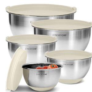 Priority Chef Premium Mixing Bowls With Lids Set, Airtight Lids, Thicker Stainless Steel, Non-Slip Base, 5 Nesting Steel Bowls for Kitchen, Large Prep Metal Bowl Set 1.5/2/3/4/5 Qt, Khaki