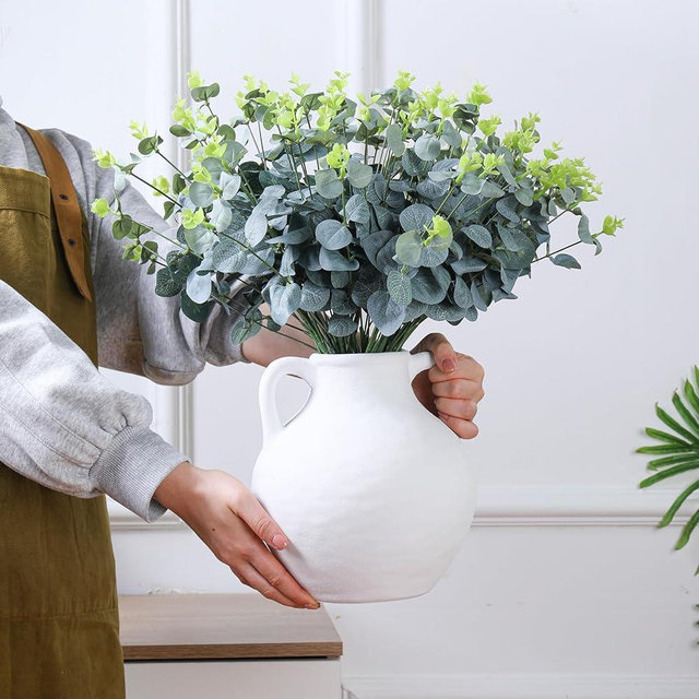 Ceramic Flower Vase with Handle, 9.05 Inch White Farmhouse Rustic Terracotta Vase, Vintage Decorative Pottery for Home Decor, Table, Mantle, Fireplace, Living Room, Shelf, Desk and Wedding Centerpiece