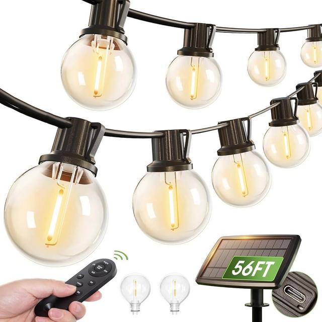 addlon 56FT(50+6) Solar String Lights Outdoor with Remote, 27 Shatterproof G40 Bulbs, Solar Powered & USB Charging Patio Lights, Dimmable Waterproof Solar String Lights for Outside, Camping, Backyard