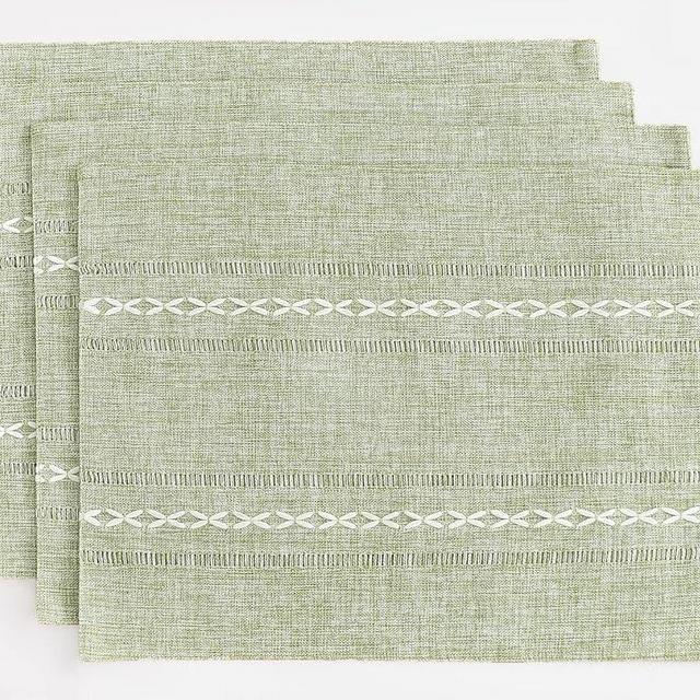 Wracra Cotton Linen Placemats, 14 x 19 Inch Set of 4 Fete Placemats Rustic Hemstitch Place Mats for Kitchen Table and Heat Resistant-Sage Green