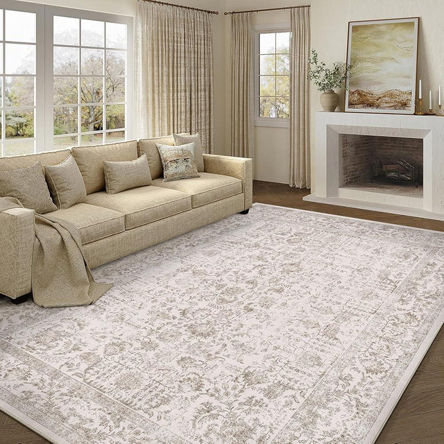PureCozy Light Brown Area Rug 10x14 Machine Washable Large Vintage Living Room Distressed Non Slip Carpet Traditional Indoor Bedroom Retro Floral Accent Throw Rug for Office Kitchen Dining Room