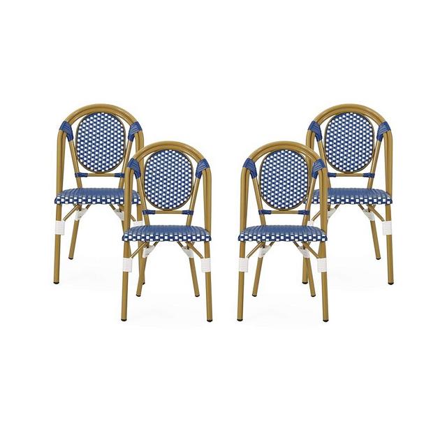 Christopher Knight Home Gwendolyn Outdoor French Bistro Chairs (Set of 4), Blue + White + Bamboo Print Finish