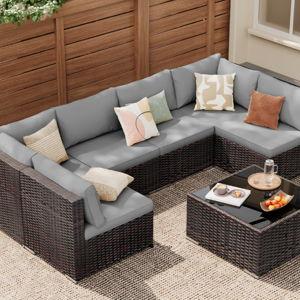 7-Piece Silverts Rattan Patio Set: Slanted Backrest, Weather-Resistant Frame & Cushions - Gray Cushion