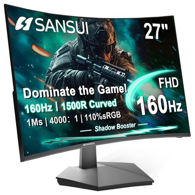 SANSUI 27 Inch Curved 160Hz Gaming Monitor, 1500R Curved Computer Gaming Monitor FHD 1080P, 4000:1, 110% sRGB, FPS/RTS, 1Ms MPRT|FreeSync|HDR|Low Blue Light|HDMI DP| VESA Support, HDMI Cable Incl.