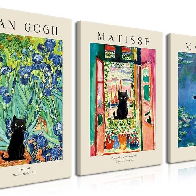 Monet Wall Art Set of 3 - Van Gogh Black Cat Flower Field Canvas Paintings Prints, Matisse Abstract Black Cat Aesthetic Pictures for Room Bedroom Living Room Bathroom 12x16 in Framed