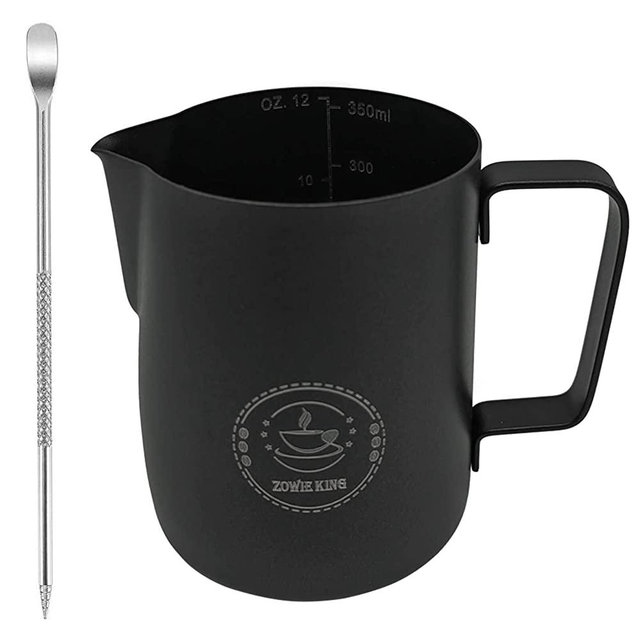 Milk Frothing Pitcher 12oz,Espresso Steaming Pitcher 12oz,Espresso Machine Accessories,Milk Frother Cup 12oz,Milk Coffee Cappuccino Latte Art,Black Stainless Steel Jug