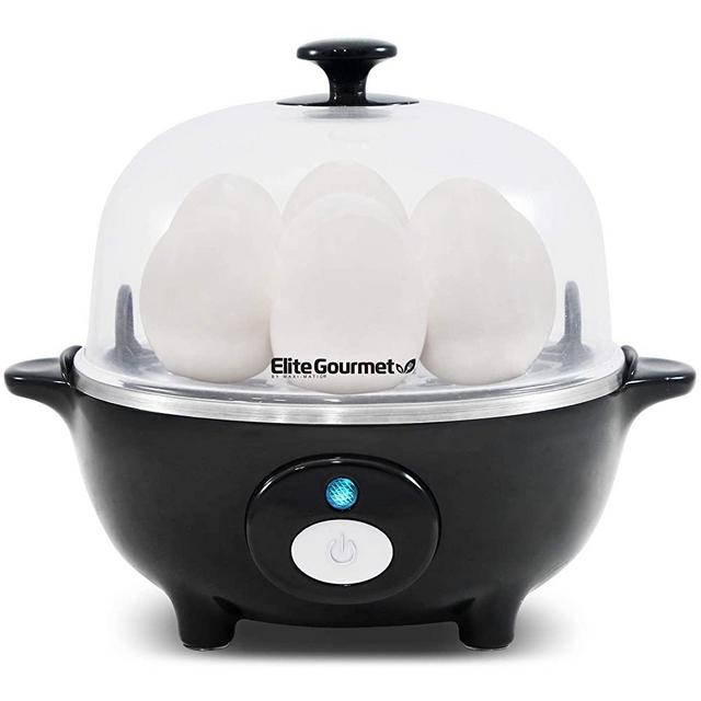Elite Gourmet EGC-007B# Rapid Egg Cooker, 7 Easy-To-Peel, Hard, Medium, Soft Boiled Eggs, Poacher, Omelet Maker, Auto Shut-Off, Alarm, 16-Recipe Booklet, BPA-Free, Black