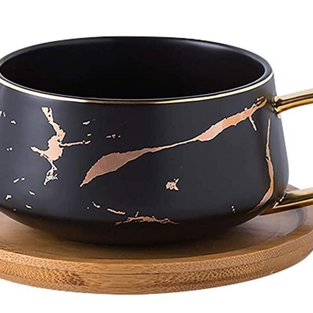 Jusalpha 10 oz Golden Hand Print Tea Cup And Saucer Set/Coffee Cup And Bamboo Saucer Set TCS19 (Black)