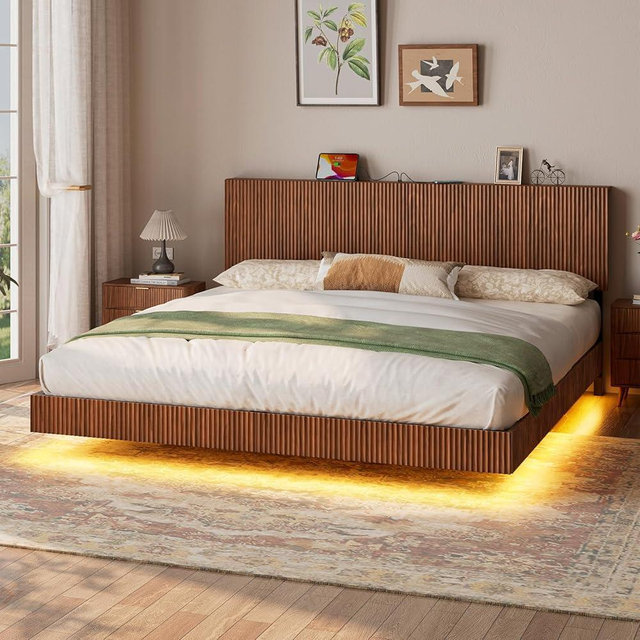 Evermagin Walnut King Floating Bed Frame with Headboard, Mid Century Modern Fluted Platform Bed with LED Lights, Heavy Duty Floating Bedframe with Charging Station, No Box Spring Needed