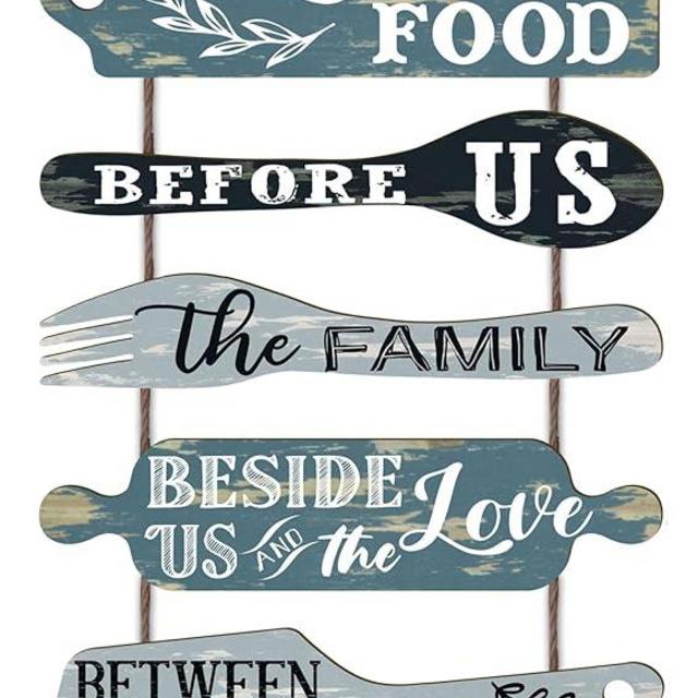Bless the Food Before Us Farmhouse Kitchen Wall Decor - Dining Room Decorations Collage Wall Art in Neutral Teal/Aqua Color - Wooden Rustic 6pcs Roped Sign 25x14 Inches Vertical