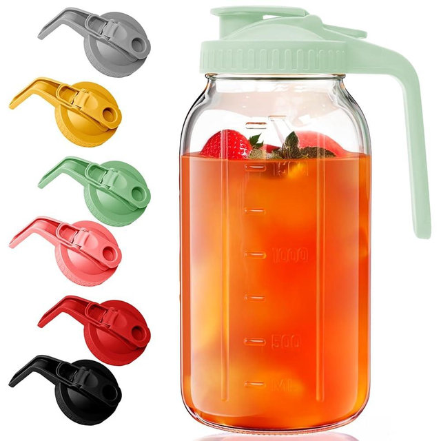 AsstarJTK Glass Mason Jar Pitcher - 64 oz/2 Quart Wide Mouth Jug with Lid and Pour Spout, Airtight Seal, Leak Proof Iced Tea Pitcher for Sun Tea, Juice, Breast Milk, Cold Beverages, Coffe