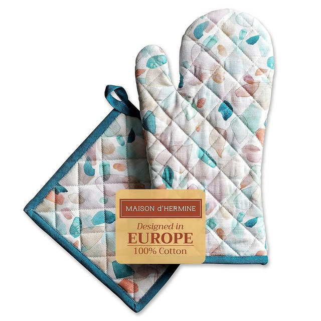 Maison d' Hermine 100% Cotton Oven Mitt & Pot Holder Set (7.5"x13" & 8"x8") Heat Resistant BBQ Cooking Gloves with Loop Baking Grilling Kitchen Hotel Home Farmhouse Spring Summer (Summer Picnic)