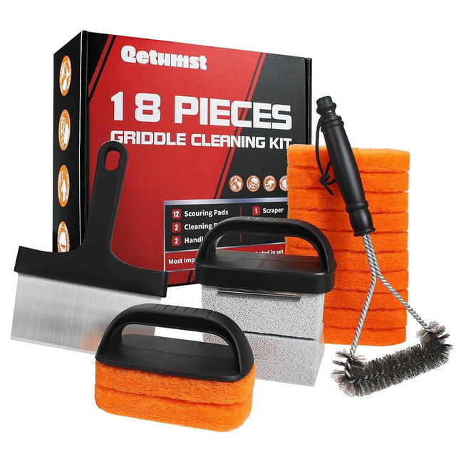 Griddle Cleaning Kit for Blackstone - 18 Pieces Flat Top Grill Cleaning Kit with Durable Griddle Scraper,Grill Brush, Pumice Grill Stone&Scouring Pads | Complete Blackstone Accessories Set for Deeping