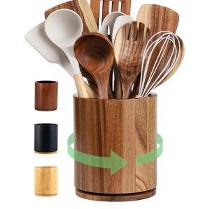 Wooden Utensil Holder, 360°Rotating 7.3'' Large Utensil Holder for Kitchen Counter, Kitchen Utensil Organizer, Utensil Crock, Farmhouse Kitchens Countertop Decor, Acacia Wood