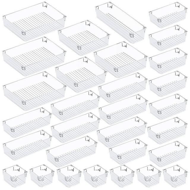 Puroma 31-pcs Desk Drawer Organizer Trays, 5-Size Large Capacity Plastic Drawer Storage Bins Kitchen Drawer Organizers Bathroom Drawer Dividers for Makeup, Kitchen Utensils, Jewelries and Gadgets