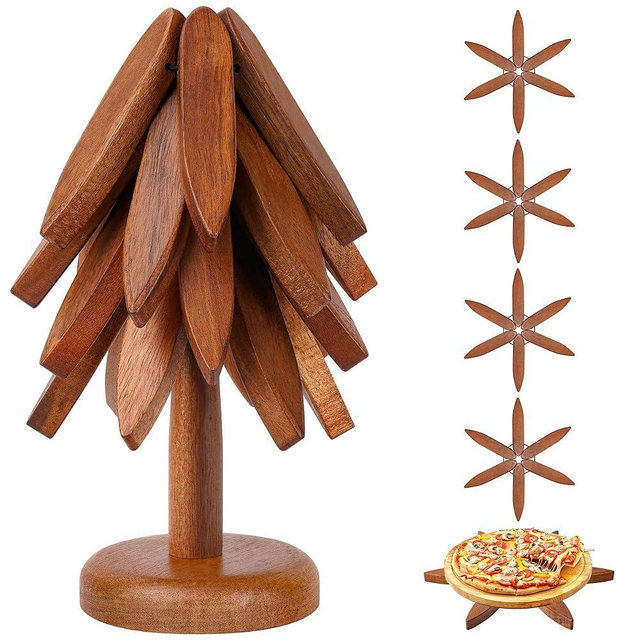 Wooden Trivets for Hot Dishes - Foldable Set of 4 Heat-Resistant Coasters with Stand, Decorative Kitchen & Dining Accessories (for Pots & Pans)
