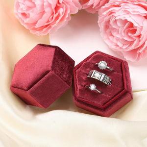 Velvet Jewelry Ring Box, 3 Slots Hexagon Ring Gift Box Vintage Ring Display Holder Case for Wedding Ceremony Proposal Engagement (Burgundy)